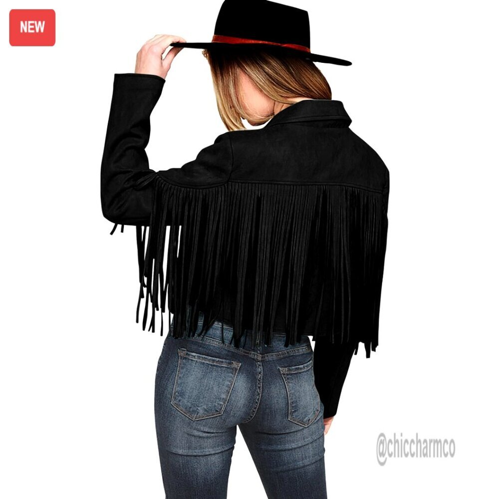 Faux Suede Cropped Motorcycle Jacket with Fringe Tassel Design